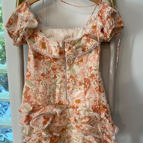 70F/21C Womens Peach Floral Off-the-Shoulder Mini Ruffle Summer Dress Size S - Picture 9 of 12
